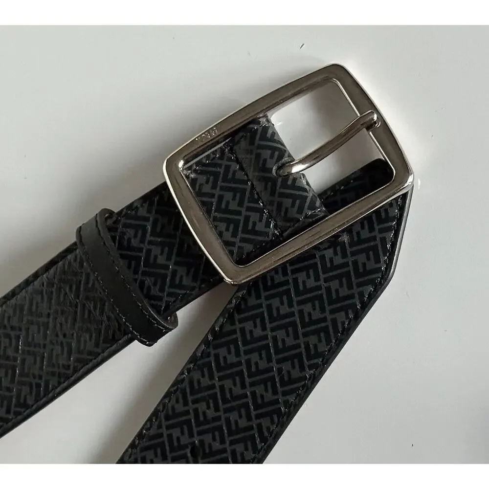 NWT $590 Fendi FF Logo Calf Leather Black/Grey Belt 110/44 Italy 7C0434